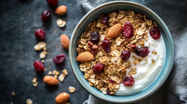 a top-down shot of a ceramic bowl filled with a delicious and healthy breakfast cereal