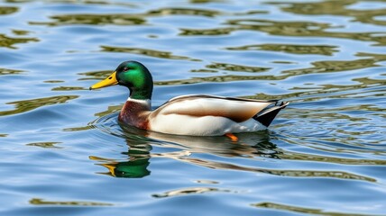 Fototapeta premium Mallard duck swims gracefully across the tranquil lake amidst rippling water under a clear sky during midday