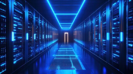 Fototapeta premium Futuristic Data Center Interior with Neon Lights and Server Racks Panorama