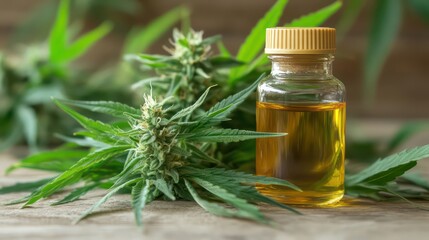 a cannabis oil bottle next to a cannabis plant