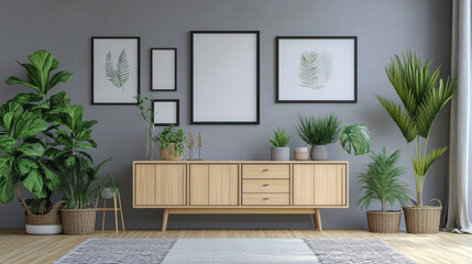 Stylish scandinavian interior with design cabinet, mock up photo frame, elegant accessories and beautiful plants in different pots. Modern home decor. Minimalistic concept. Template. Blank.
