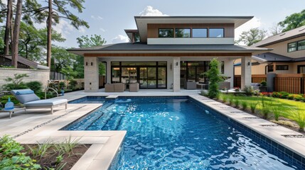 Fototapeta premium Modern home backyard pool with patio and landscaping