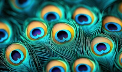 An intricate close-up showcases the vibrant, iridescent details of peacock feathers.