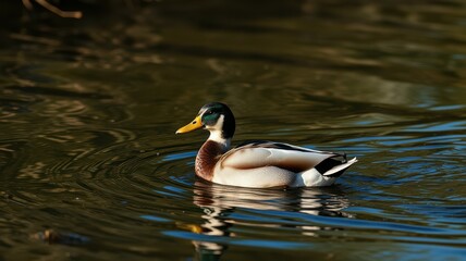 Obraz premium Mallard duck swimming gracefully in calm waters during sunset hours at a serene lake