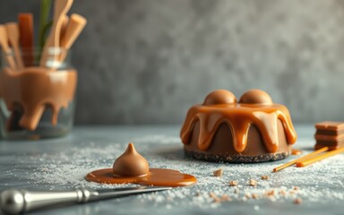A decadent chocolate cake with a caramel glaze, a single piece of caramel, and a knife lay on a gray surface