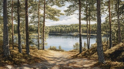 Landscape view of a pine forest with a peaceful lake in the background