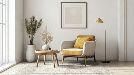 Elegant living room minimalist interior composition with creative armchair, coffee table, mock up poster frame and creative design personal accessories. Copy space. Template.