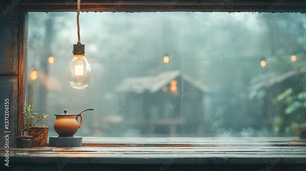 Poster cozy window display with tea set and warm light