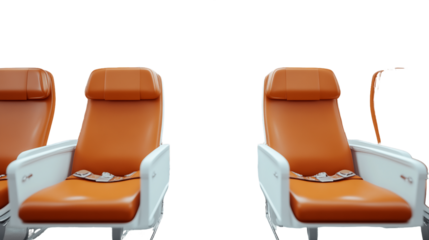 Four Orange Airline Seats with White Armrests, PNG