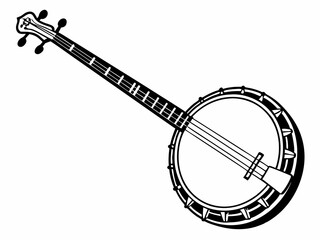 Compact banjo vector silhouette with string tension detail and circular head for musical instrument art

