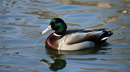 Fototapeta premium Male mallard swims gracefully in a serene pond surrounded by nature during a sunny day