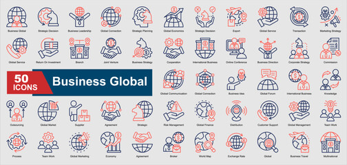 A collection set of colored outline Business Global icons. Includes global connection, outsourcing, strategic decision, export, investment, and more. Perfect for illustration and design.
