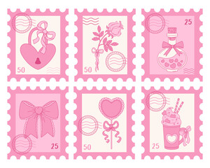 Romantic Pink Postage Stamps set. Vintage Coquette Ribbon Bow, Heart Lock, Flower Rose, Magic Elixir Potion and Sweet Dessert. Girly Vibe. Isolated Trendy Aesthetic accessories for Design love theme