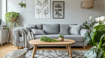 Scandinavian living room interior with design grey sofa, wooden coffee table, plants, shelf, spring flowers in vase, decoration and elegant personal accessories at home decor.