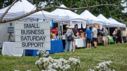 Small Business Saturday support sign at a local market with vendors and visitors in a vibrant outdoor setting