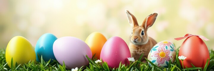 Colorful Easter eggs and a bunny in a grassy field during springtime festivities