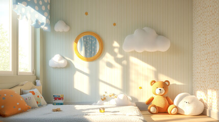 Stylish and cozy childroom with teddy bear, clouds and little mirror Bright and sunny interior.