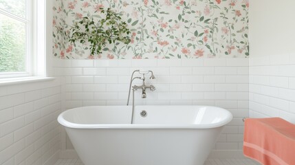 Fototapeta premium A white bathroom with a floral wallpaper and a white bathtub. The bathtub is filled with water and has a faucet