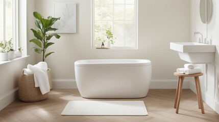 Fototapeta premium A bathroom with a white bathtub and a wooden stool. The room is decorated with plants and a white rug