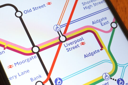 Close-up of london tube map on mobile device displaying liverpool street accessibility