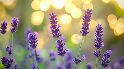 Naklejka premium Lavender flowers blooming in a field, with a tranquil background of green and yellow bokeh