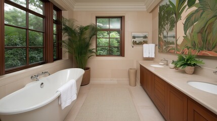 Fototapeta premium A large bathroom with a white bathtub and a large window. The bathroom is decorated with a tropical theme, with a painting of a palm tree on the wall