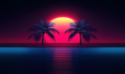 Fototapeta premium A retro-inspired sunset scene with palm trees creates a nostalgic and vibrant atmosphere.