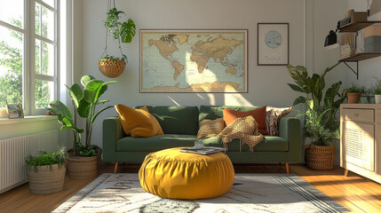 Stylish loft interior with green sofa, design pouf, mock up poster map, furniture, carpet, plants, decoration and elegant accessories. Modern home decor. Template.