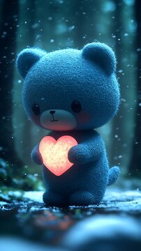 Fototapeta Blue Teddy with Heart, and Winter Forest.