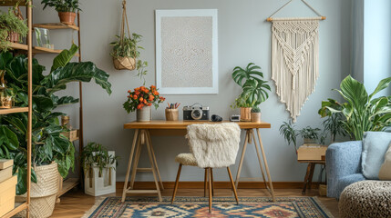Stylish and bohemian concept of living room with mock up poster frame, flowers in vase, wooden desk,photo camera, macrame and elegant accessories. Modern interior design and home decor. Template.