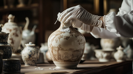 A restoration expert delicately repairing a broken porcelain vase with special glue and precision tools, antique ceramics and art pieces around