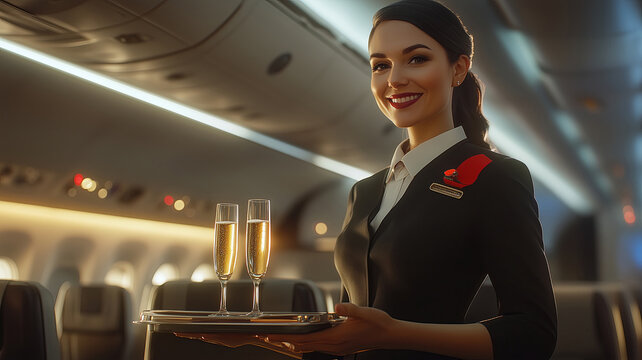 Professional female flight attendant serving passengers in business class two glasses of champagne