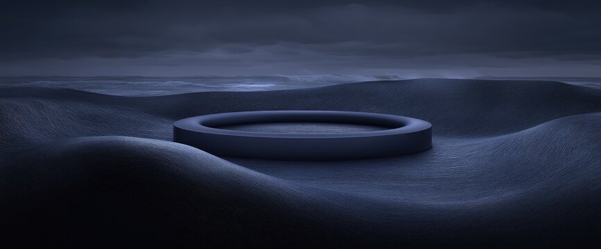 Surreal image of a ring on dunes, with a gloomy sky and faint waves visible in the background