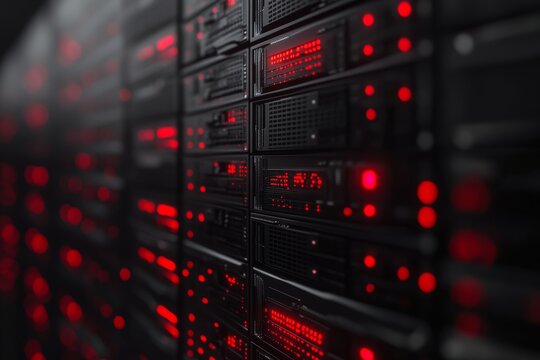 Intriguing 3d visualization of a modern data center with rows of black and red server cabinets