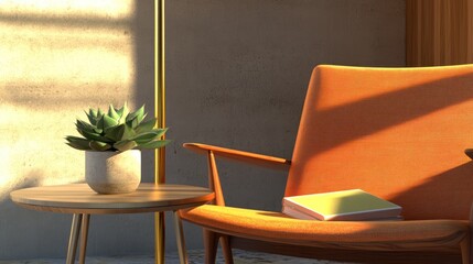 Fototapeta premium Modern Living Room Scene with Orange Armchair and Succulent Plant on a Wooden Side Table