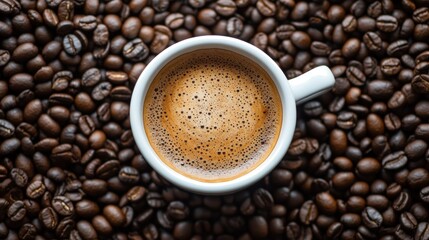 Fototapeta premium Espresso Coffee Cup on Roasted Coffee Beans