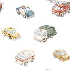 Watercolor pattern city cars police, taxi, fire truck, garbage truck, ambulance. Seamless print children's transport. Illustration background for design, fabric, baby clothes, textile, cards wallpaper © Anastasia Brekhova