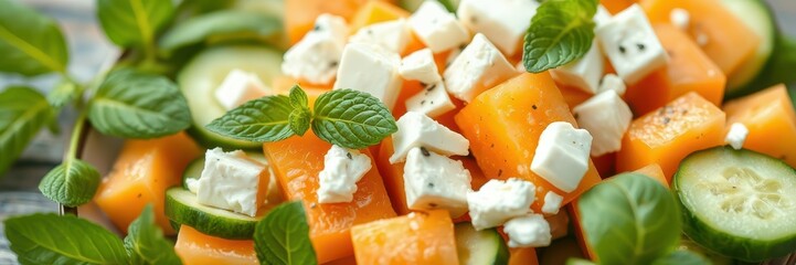 Fresh melon and cucumber salad topped with feta cheese and mint leaves for a refreshing summer dish