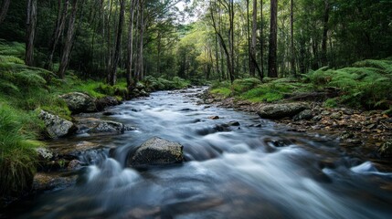 Obraz premium Forest stream flows swiftly past lush banks.