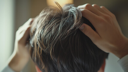 Obraz premium 日本人男性が髪に手を通す