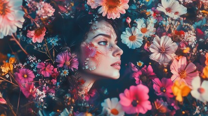 A woman's face surrounded by flowers. Abstract abstract portrait of a woman with flowers. Generative art ai collage. A woman's visage encircled by lifestyle blossoms.