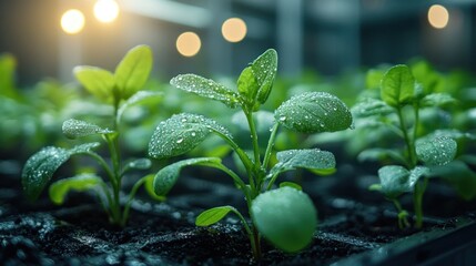 Vibrant Dew-Kissed Seedlings in a Greenhouse