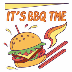 It's BBQ Time! Delicious Burger with Fries and Flaming Design