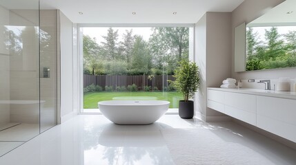 Modern bathroom with expansive garden views
