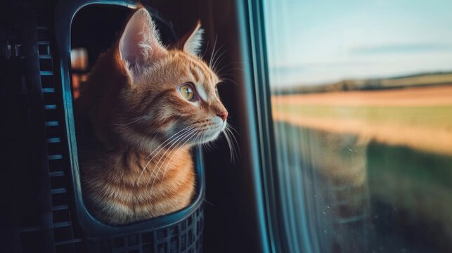 Curious orange tabby cat gazing out train window at scenic countryside landscape