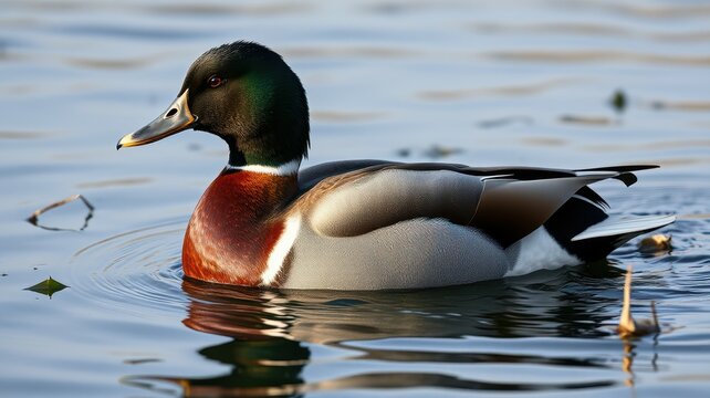 Male mallard duck swims gracefully on calm water surrounded by fallen leaves during autumn