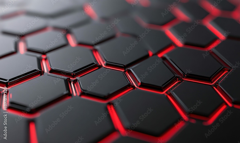 Poster abstract dark hexagonal tiles glowing with red light form a futuristic honeycomb pattern.