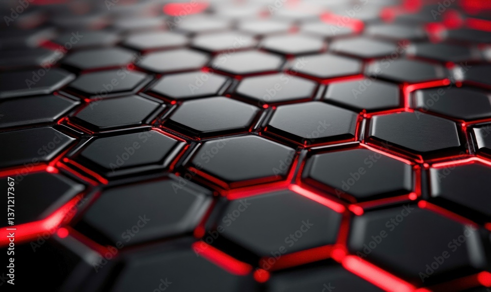 Poster abstract dark hexagonal grid with red glowing edges creates a modern tech background.