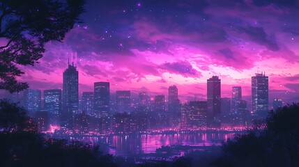 Fototapeta premium Animated cityscape at night with purple tones and glowing lights image