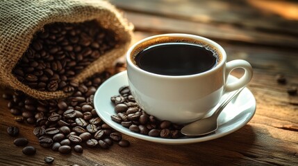 Obraz premium Aromatic Cup of Black Coffee with Roasted Beans
